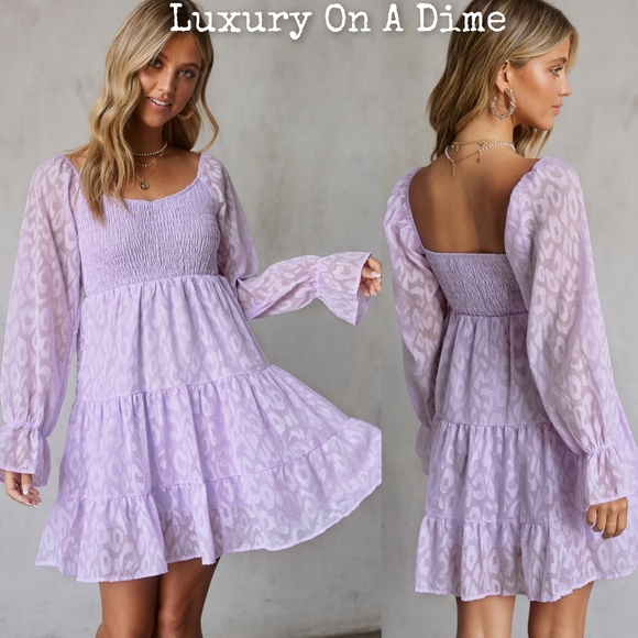 SOLD OUT at LUXONADIME.COM Leopard Dress Purple Sheer Long Sleeve Babydoll Mini - Picture 2 of 12